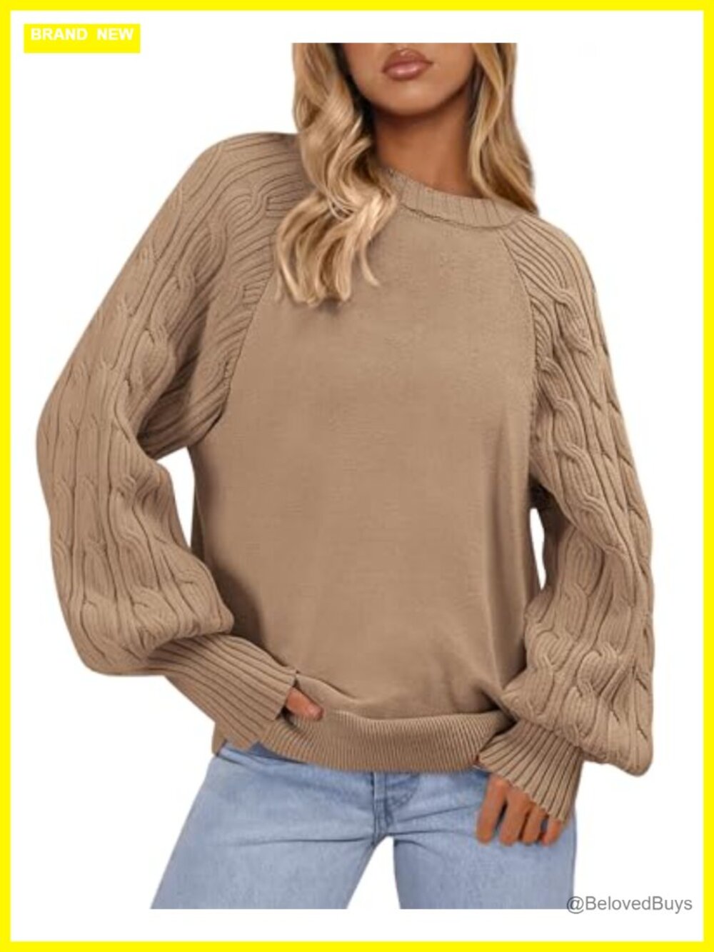 Womens Cable Knit Crew Neck Long Sleeve Tunic Sweater Chunky Knit Pullover